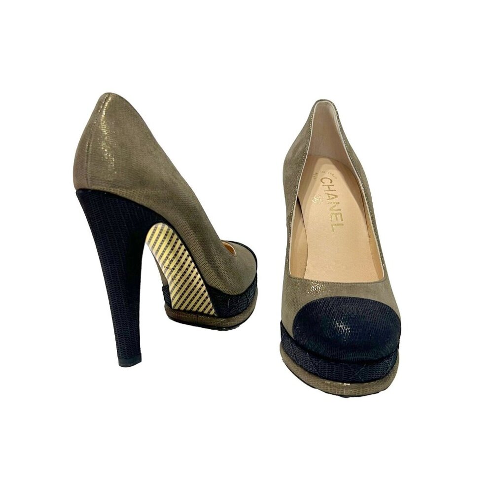 CHANEL Two-Tone Taupe and Black Peep-Toe Platform Pumps